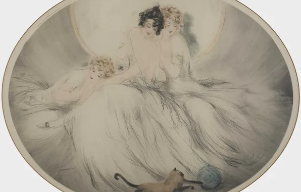 Three girls, Siamese cat, 1924, art Deco, Louis Ikar, etching and aquati, The ball of …