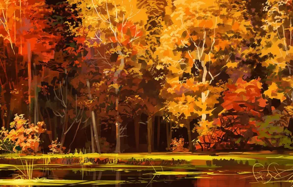 Autumn, forest, trees, lake, art
