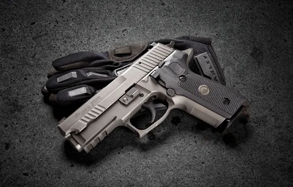 Gun, background, glove, Sig Sauer P229 Legion