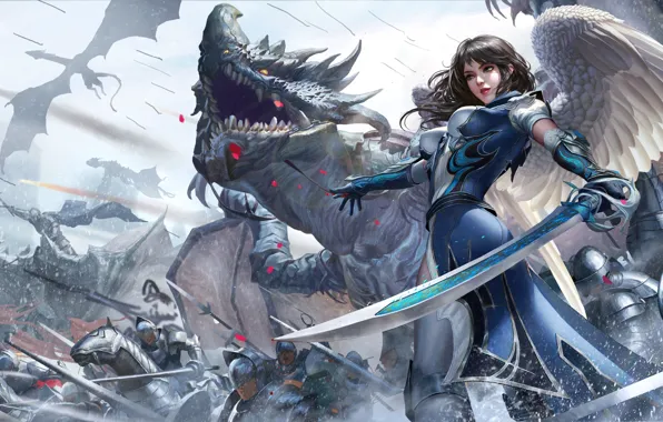 Girl, Dragon, War, Armor, Girl, Sword, Warrior, Wings