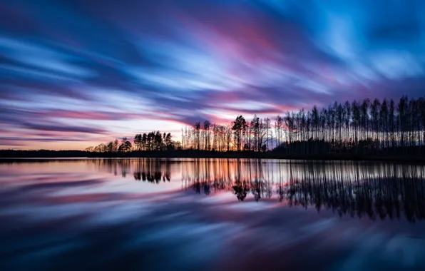Picture the sky, clouds, trees, sunset, reflection, shore, the evening, Sweden