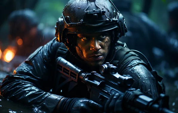 Soldiers, Machine, Men, Digital art, Helmet, Wet, AI art, The Art of Artificial Intelligence