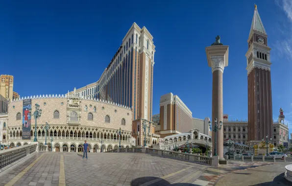 Paradise, bridge, building, tower, Las Vegas, panorama, fountain, architecture