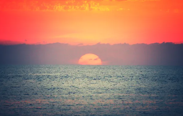 Picture sea, sunset, orange sky, horizon clouds