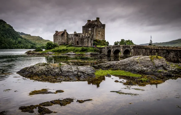 Clouds, bridge, lake, stones, people, castle, overcast, shore