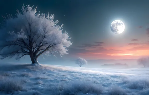 Winter, Tree, Snow, The moon, Morning, Dawn, Digital art, AI art