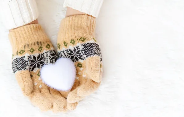 Winter, snow, snowflakes, heart, love, heart, winter, mittens