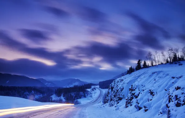Winter, road, snow, mountains, nature, Canada, Albert