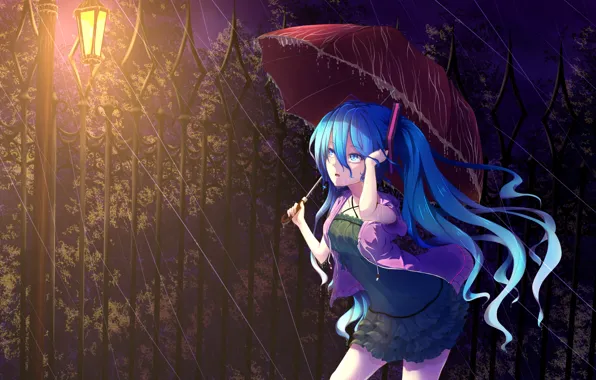 Girl, night, rain, surprise, umbrella, lantern, vocaloid, hatsune miku
