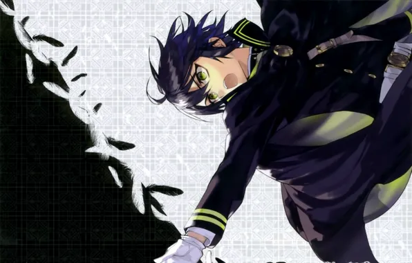 Feathers, gloves, cloak, Creek, art, green eyes, military uniform, owari no seraph