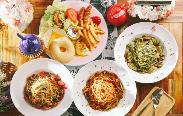 Kettle, vegetables, meals, potatoes, cuts, pasta