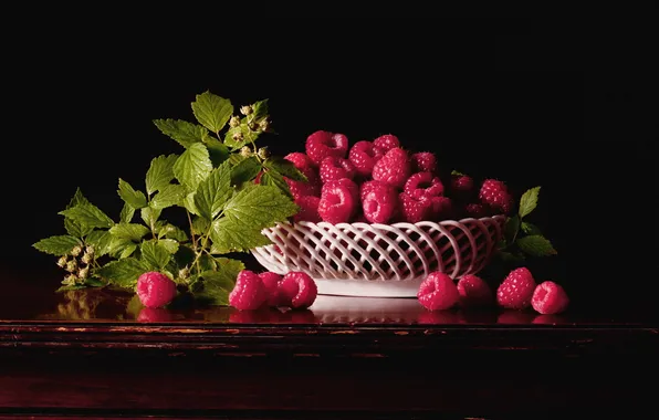 Berries, basket, leaves, Malinka
