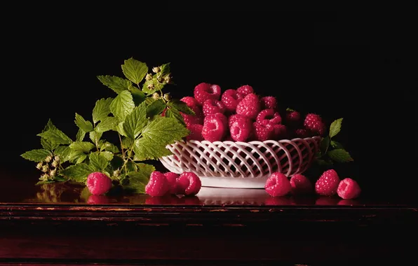 Picture berries, basket, leaves, Malinka