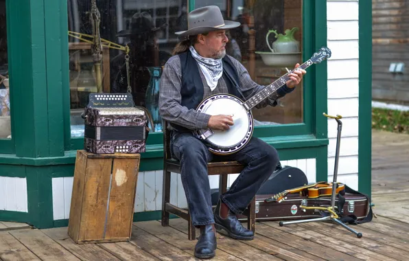 Picture music, street, player, banjo