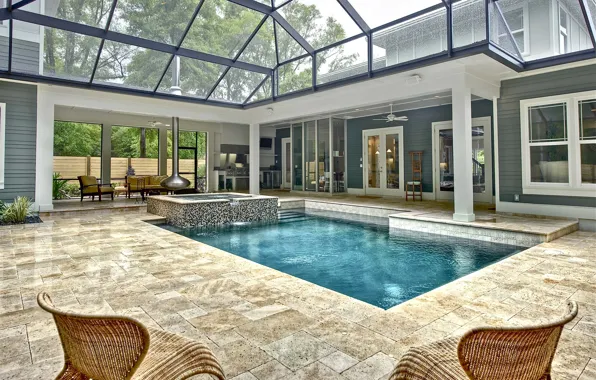Tile, furniture, Villa, interior, pool, Switzerland, fireplace, Geneva