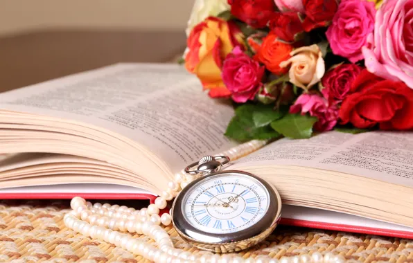 Watch, roses, bouquet, necklace, book