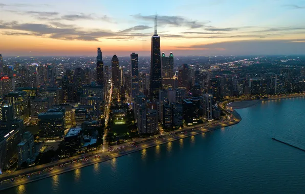 Clouds, The evening, skyscrapers, Horizon, Chicago, USA, USA, Il