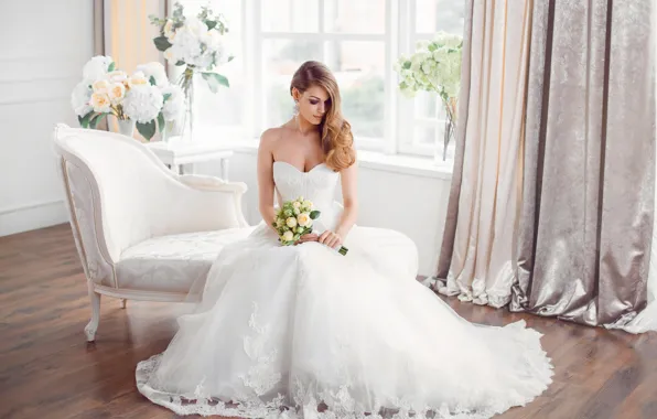 Girl, flowers, holiday, bouquet, the bride, dress, style, wedding