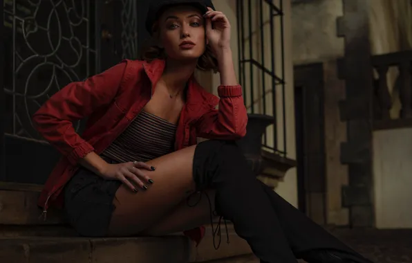 Look, girl, pose, street, building, boots, makeup, jacket