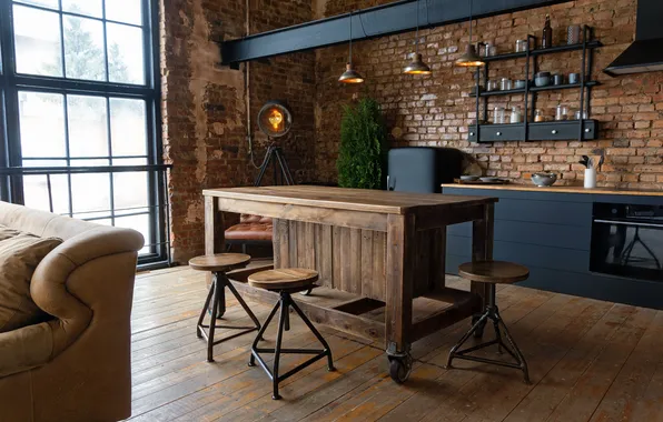 Design, interior, kitchen, dining room, dining area, industrial style
