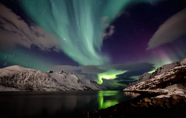 The sky, snow, mountains, night, Northern lights, Iceland