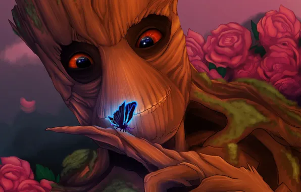 Picture look, tree, butterfly, Groot, guardians of the galaxy, good-natured