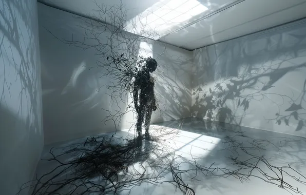 Picture shadow, room, people, light, AI art, branches, neural network