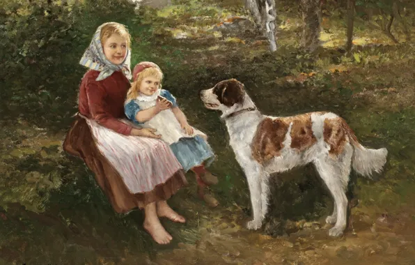 Picture Swedish artist, Swedish painter, Johan Severin Nilson, A child and a dog, Children and dog, …