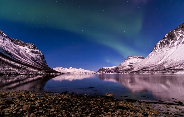 Picture winter, night, Northern lights, Norway, The Fjord Of Tromso