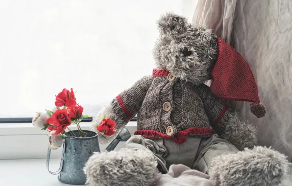 Picture flowers, mood, toy, roses, bear, window, lake, bear