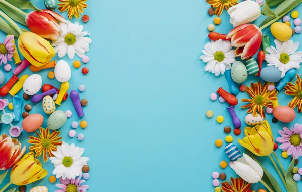 Holiday, spring, colorful, Easter, blue, flowers, Easter, candies