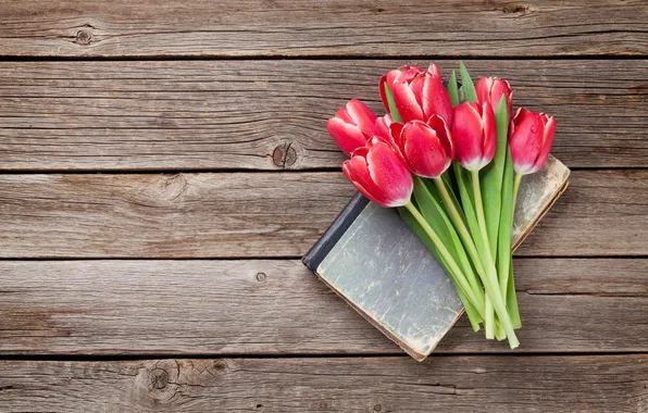 Flowers, bouquet, tulips, red, red, wood, flowers, romantic