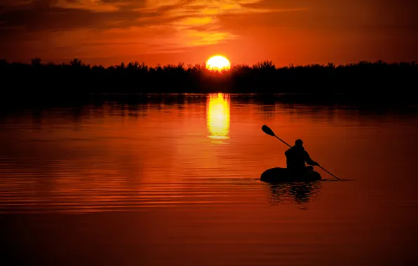 Sunset, nature, river, the way, boat, people, goal, the evening