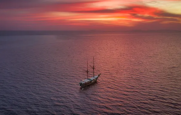 Sunset, the ocean, ship, sailboat, the evening, mast