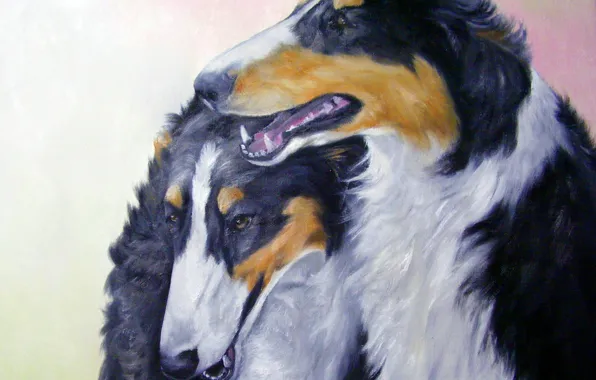 Dogs, look, pose, oil, portrait, dog, pair, painting