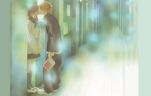 Books, kiss, door, corridor, school, two, art, bokura ga ita