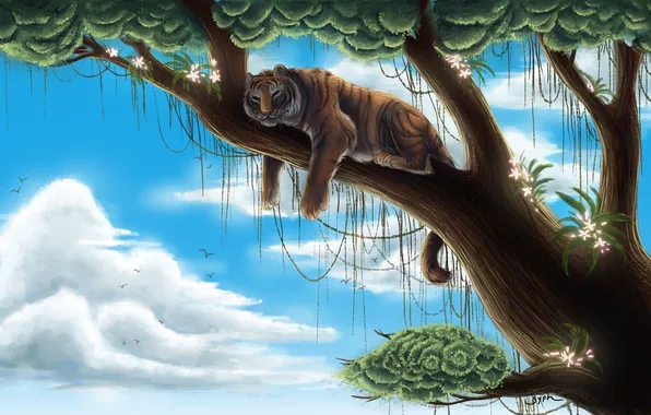 Picture clouds, flowers, tiger, tree, height, predator, art, vines