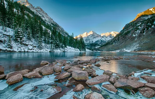 Snow, mountains, lake, stones, slope