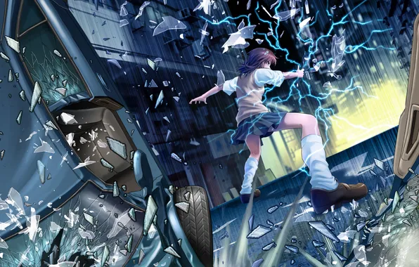 Picture machine, girl, night, the city, rain, magic, zipper, misaka mikoto