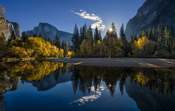 Picture trees, sunset, Yosemite, autumn, mountains, pond