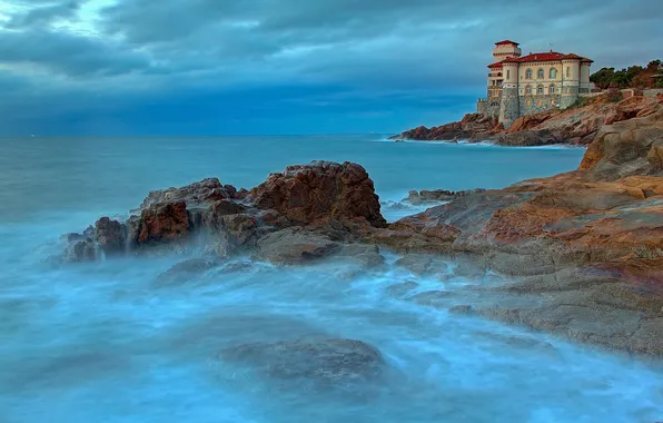 Sea, clouds, stones, castle, rocks, Italy, Livorno, Castello del Boccale