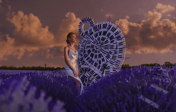 Summer, girl, nature, style, music, keys, white dress, lavender