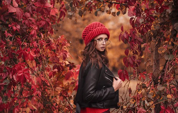 Girl, nature, leaves, model, brunette, plants, black jacket, outdoors