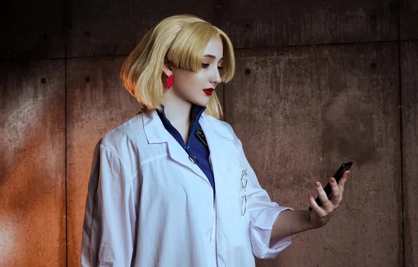 Wall, blonde, outfit, image, phone, form, Bathrobe, cosplay