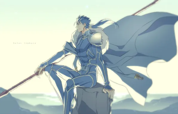 The sky, guy, sitting, spear, Lancer, Fate stay night, Fate / Stay Night