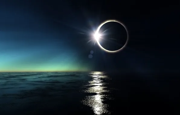 Sea, white, the sun, circles, the ocean, the moon, black, Eclipse