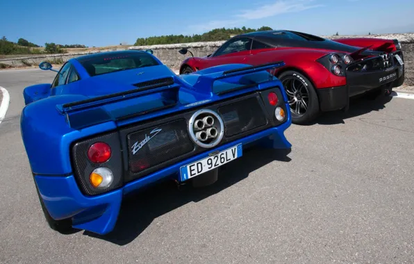 Picture the sky, blue, red, Pagani, rear view, Zonda, supercars, Pagani