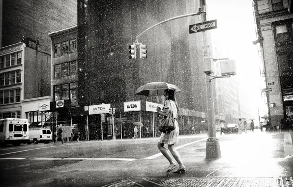 Picture girl, city, the city, loneliness, rain, overcast, woman, black and white