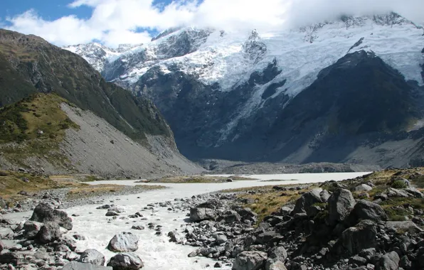 Picture snow, mountains, river