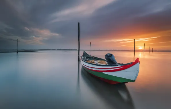 Sunset, shore, boat